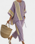 Elowric | Elegant Lavender Top & Mustard Striped Pants
