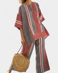 Bravine | Elegant Coral-Gray Linen Top & Wide-Leg Pants