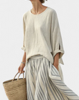 Aurcyn | Comfortable Loose Blouse & Striped Midi Skirt